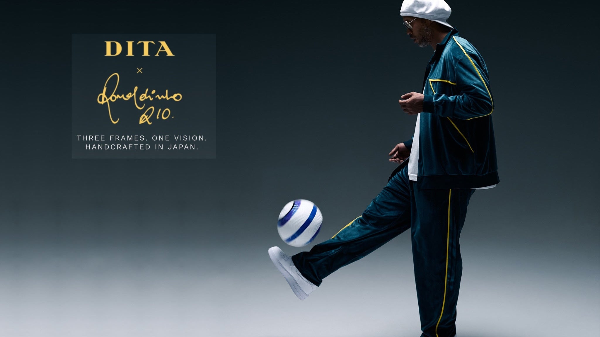 Ronaldinho in glasses with a ball