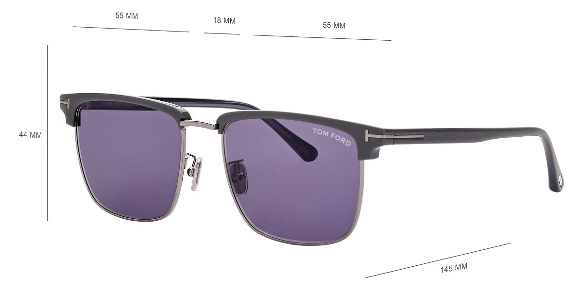 Tom Ford® FT0997-H Hudson-02 FT0997-H Hudson-02 51V 55 - 51V - Shiny Light Ruthenium, t" Logo / Blue Lenses" Sunglasses