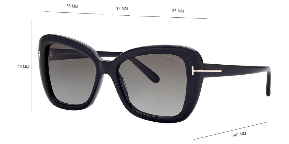 Tom Ford® FT1008 Maeve FT1008 Maeve 01B 55 - 01B - Shiny Black, t" Logo / Gradient Smoke Lenses" Sunglasses