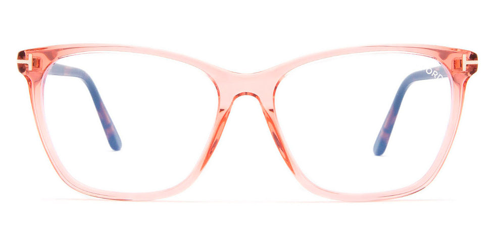 Tom Ford® FT5762-B FT5762-B 074 55 - 074 - Shiny Transp Coral, Pink Grapefruit Havana, t" Logo/blue Block Lenses" Eyeglasses