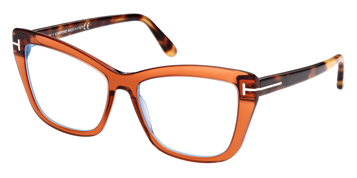 Tom Ford® FT5826-B FT5826-B 048 55 - 048 - Shiny Transparent Brown, Blonde Havana, t" Logo / Blue Block Lenses" Eyeglasses