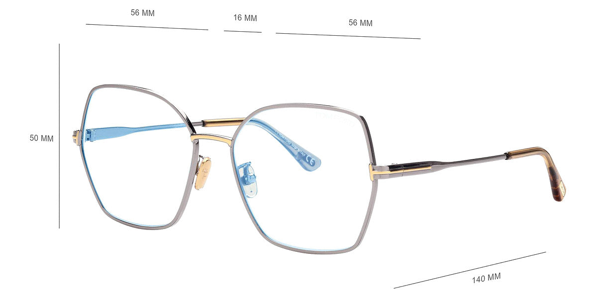 Tom Ford® FT5876-B FT5876-B 014 56 - 014 - Shiny Light Ruthenium, Transparent Amber, t" Logo/ Blue Block Lenses" Eyeglasses