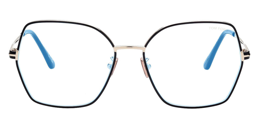 Tom Ford® FT5876-B FT5876-B 032 56 - 032 - Shiny Pale Gold And Black Enamel, Black, t" Logo / Blue Block Lenses" Eyeglasses