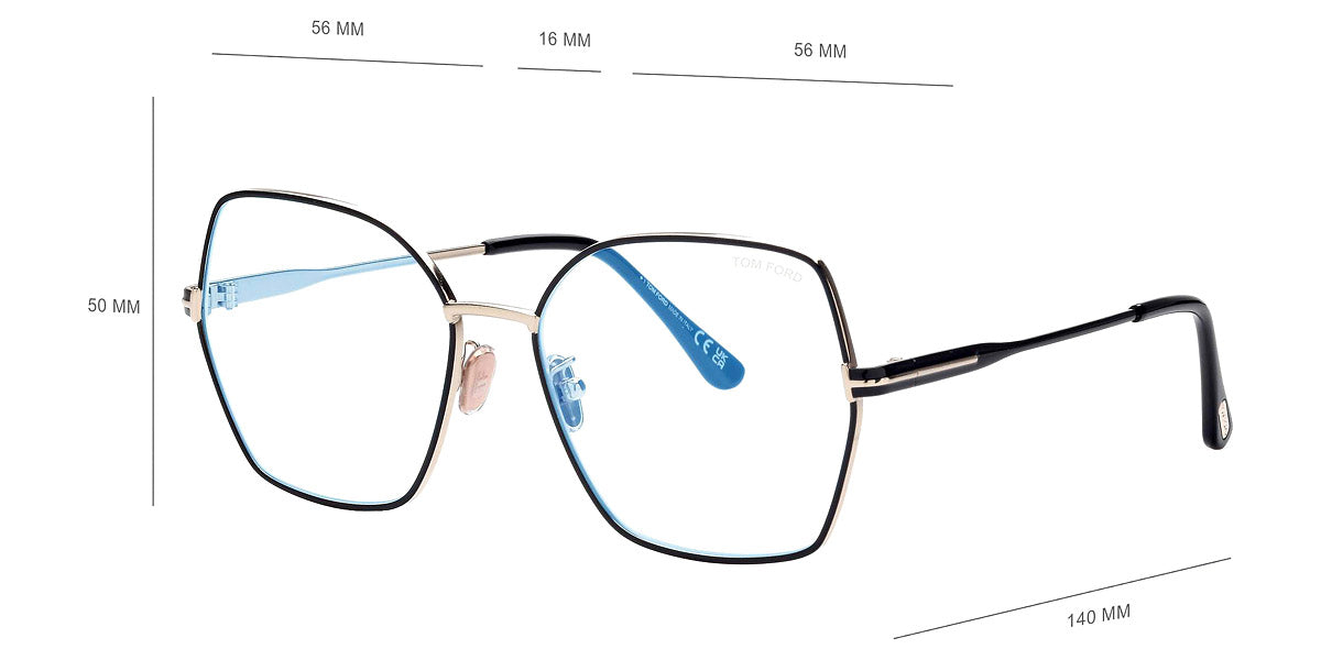 Tom Ford® FT5876-B FT5876-B 032 56 - 032 - Shiny Pale Gold And Black Enamel, Black, t" Logo / Blue Block Lenses" Eyeglasses
