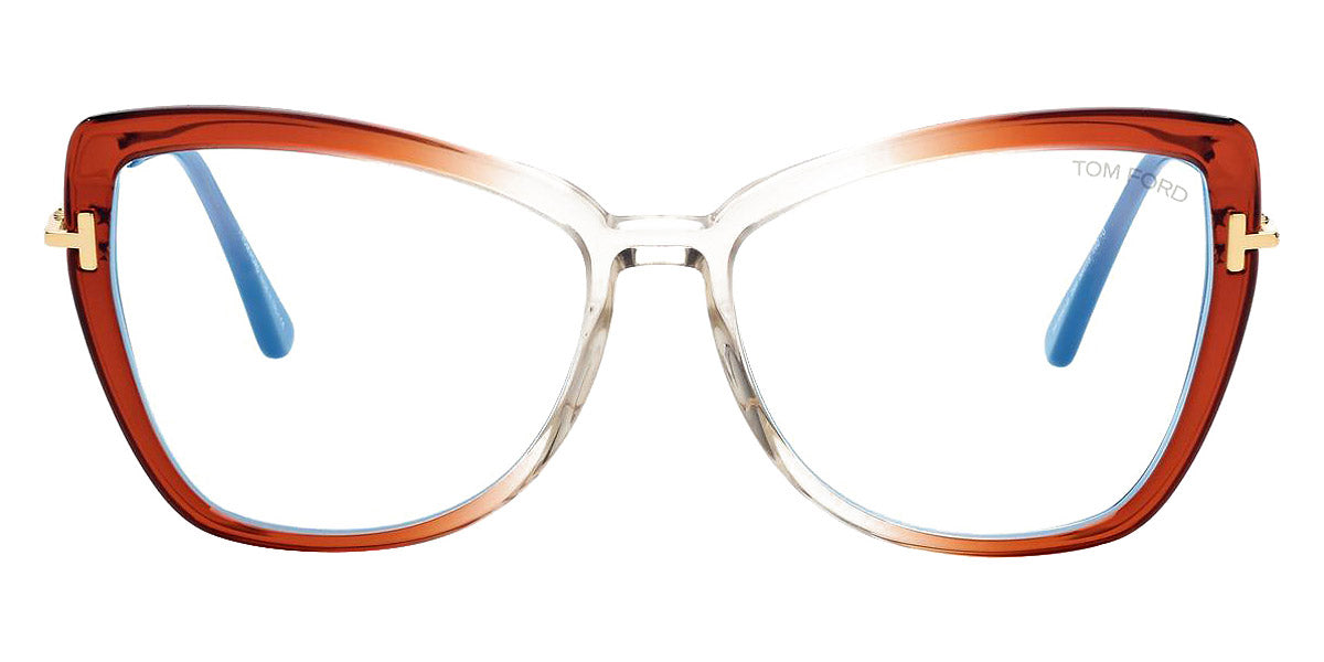 Tom Ford® FT5882-B FT5882-B 044 55 - 044 - Shiny Transp Orange & Crystal, Deep Gold, t" Logo / Blue Block Lenses" Eyeglasses