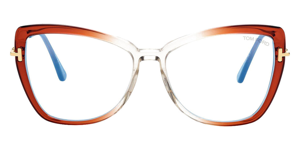 Tom Ford® FT5882-B FT5882-B 044 55 - 044 - Shiny Transp Orange & Crystal, Deep Gold, t" Logo / Blue Block Lenses" Eyeglasses