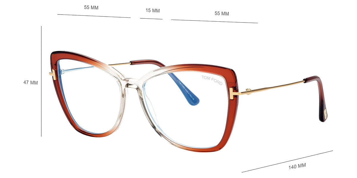 Tom Ford® FT5882-B FT5882-B 044 55 - 044 - Shiny Transp Orange & Crystal, Deep Gold, t" Logo / Blue Block Lenses" Eyeglasses