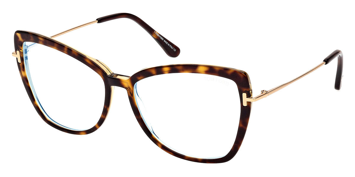 Tom Ford® FT5882-B FT5882-B 056 55 - 056 - Shiny Dark Havana, Shiny Deep Gold, t" Logo / Blue Block Lenses" Eyeglasses