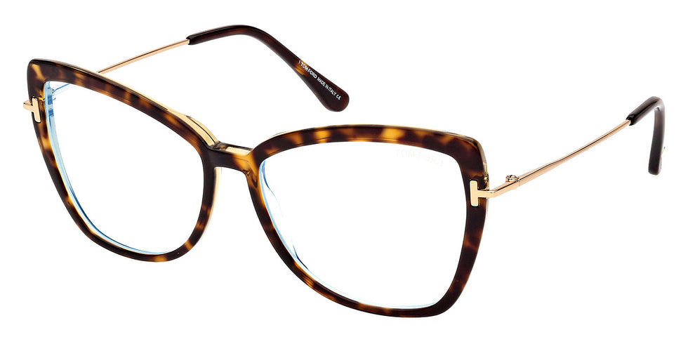 Tom Ford® FT5882-B FT5882-B 056 55 - 056 - Shiny Dark Havana, Shiny Deep Gold, t" Logo / Blue Block Lenses" Eyeglasses