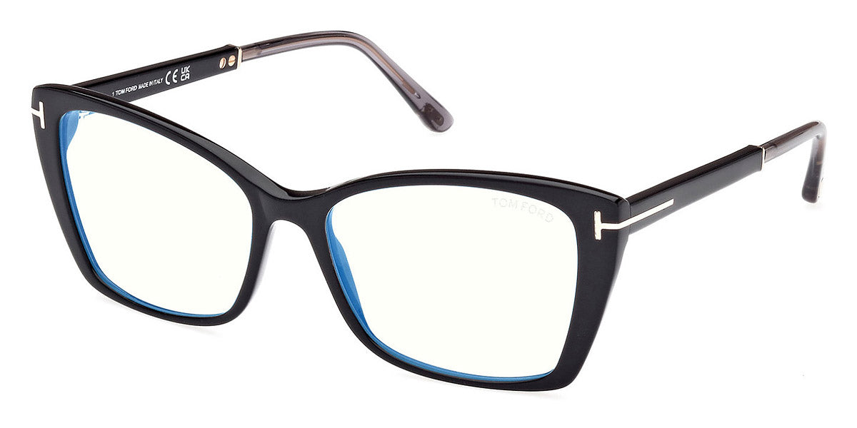 Tom Ford® FT5893-B FT5893-B 001 55 - 001 - Shiny Black, Shiny Rose Gold, t" Logo / Blue Block Lenses" Eyeglasses