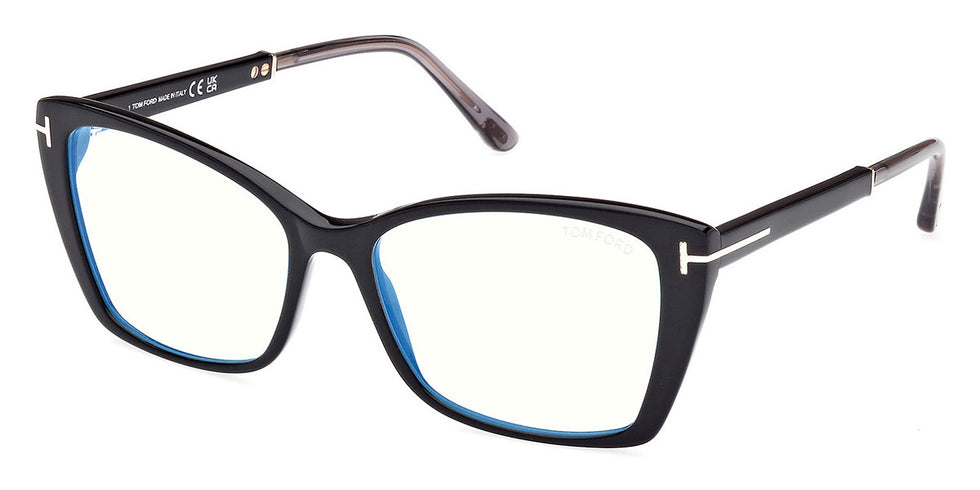 Tom Ford® FT5893-B FT5893-B 001 55 - 001 - Shiny Black, Shiny Rose Gold, t" Logo / Blue Block Lenses" Eyeglasses