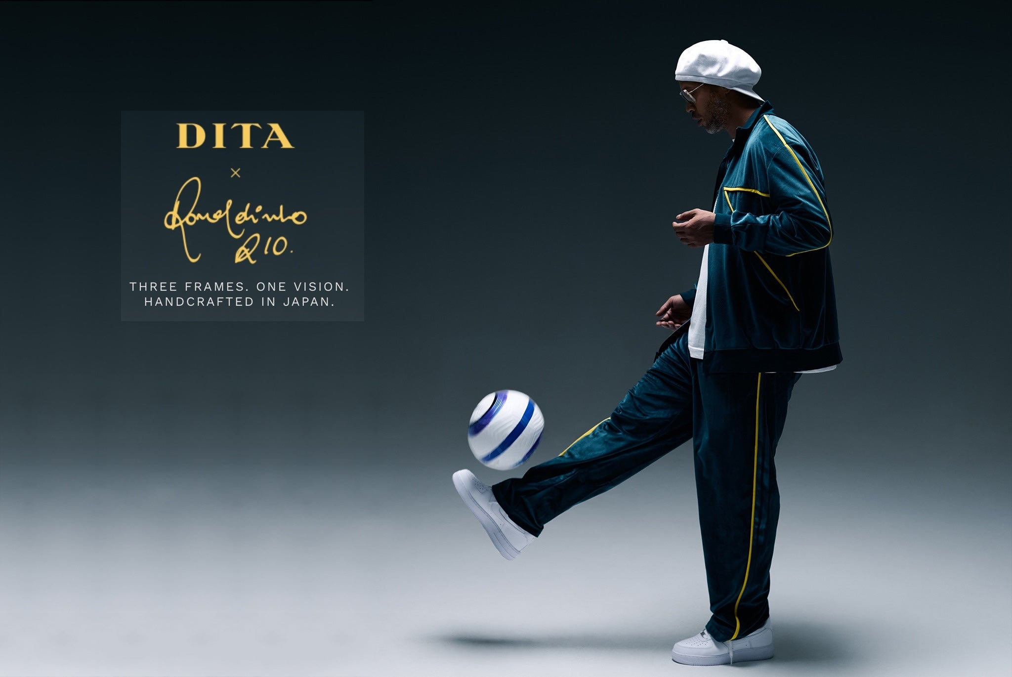 Ronaldinho in glasses with a ball