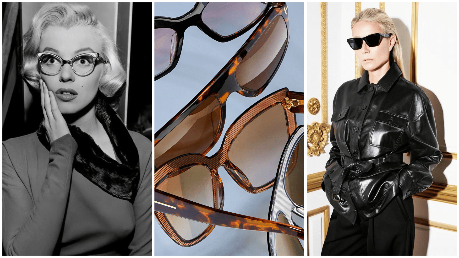 Photo collage of Tom Ford sunglasses and celebrities wearing cat-eye glasses