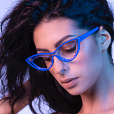 Sabine Be® Be Bikini Line - Shiny Crystal / Shiny Blue Klein Eyeglasses on Person