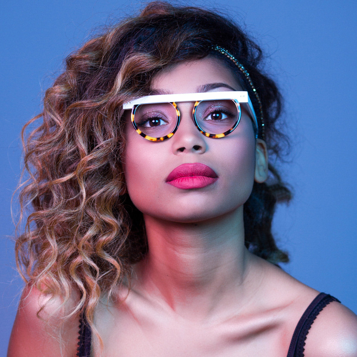 Sabine Be® Be Strong By Mina - Shiny Navy Blue / Shiny Blond Veined Tortoise Eyeglasses on Person