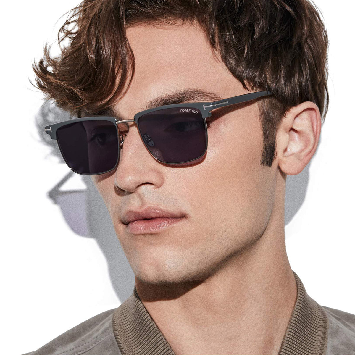 Tom Ford® FT0997-H Hudson-02 FT0997-H Hudson-02 51V 55 - 51V - Shiny Light Ruthenium, t" Logo / Blue Lenses" Sunglasses