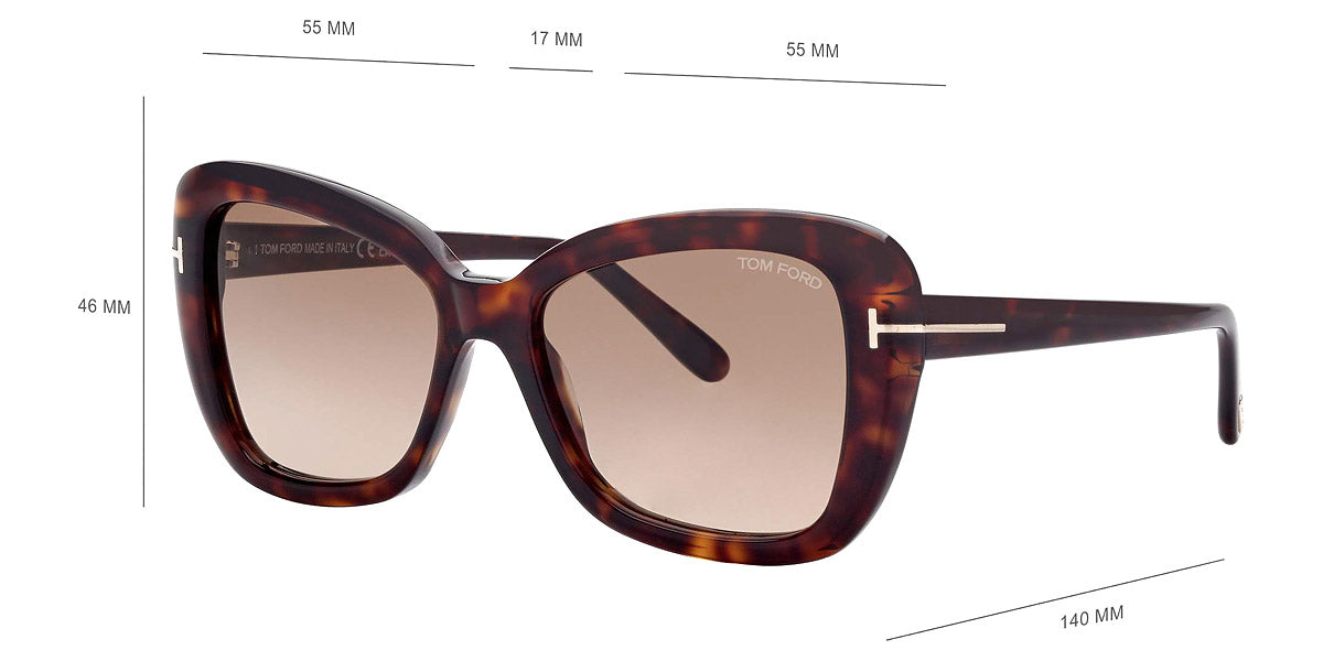 Tom Ford® FT1008 Maeve FT1008 Maeve 52F 55 - 52F - Shiny Dark Havana, t" Logo / Gradient Brown Lenses" Sunglasses