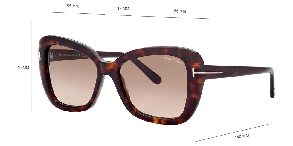 Tom Ford® FT1008 Maeve FT1008 Maeve 52F 55 - 52F - Shiny Dark Havana, t" Logo / Gradient Brown Lenses" Sunglasses