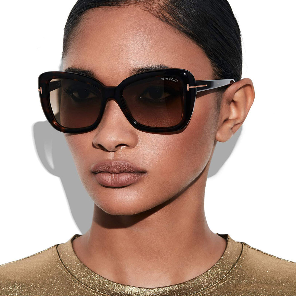 Tom Ford® FT1008 Maeve FT1008 Maeve 52F 55 - 52F - Shiny Dark Havana, t" Logo / Gradient Brown Lenses" Sunglasses