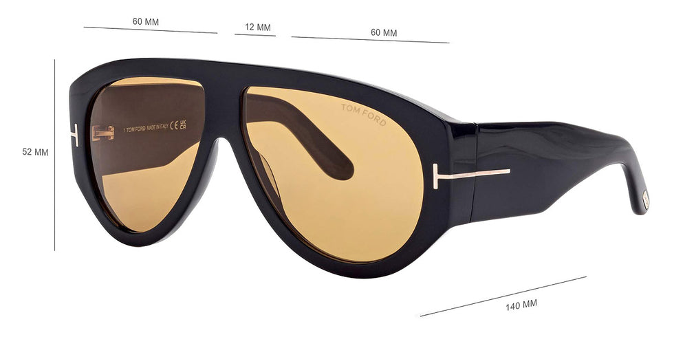Tom Ford® FT1044 Bronson FT1044 Bronson 01E 60 - 01E - Shiny Black, t" Logo / Yellow Lenses" Sunglasses