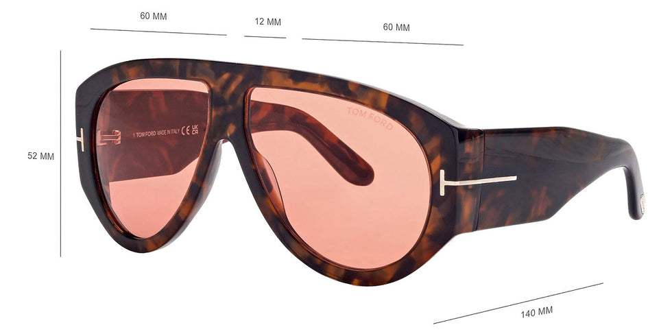 Tom Ford® FT1044 Bronson FT1044 Bronson 52S 60 - 52S - Shiny Dark Havana, t" Logo / Orange Lenses Fw22 Adv" Sunglasses