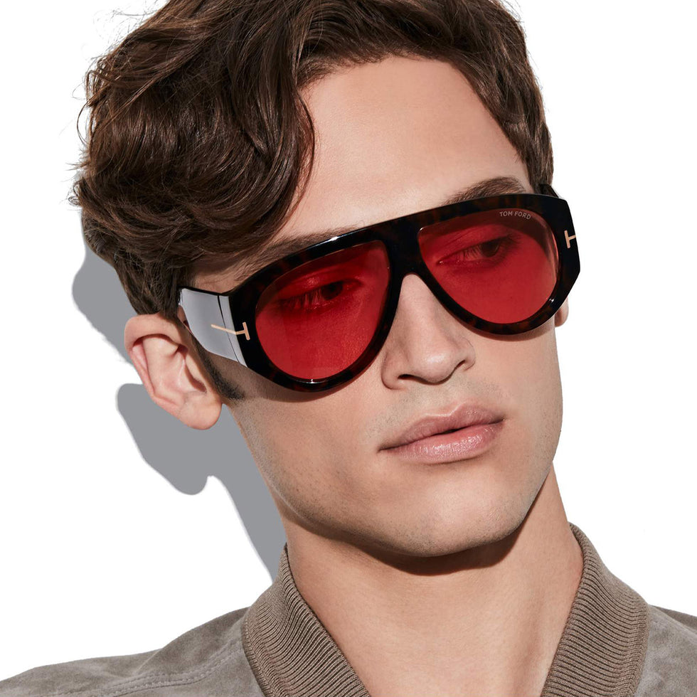 Tom Ford® FT1044 Bronson FT1044 Bronson 52S 60 - 52S - Shiny Dark Havana, t" Logo / Orange Lenses Fw22 Adv" Sunglasses