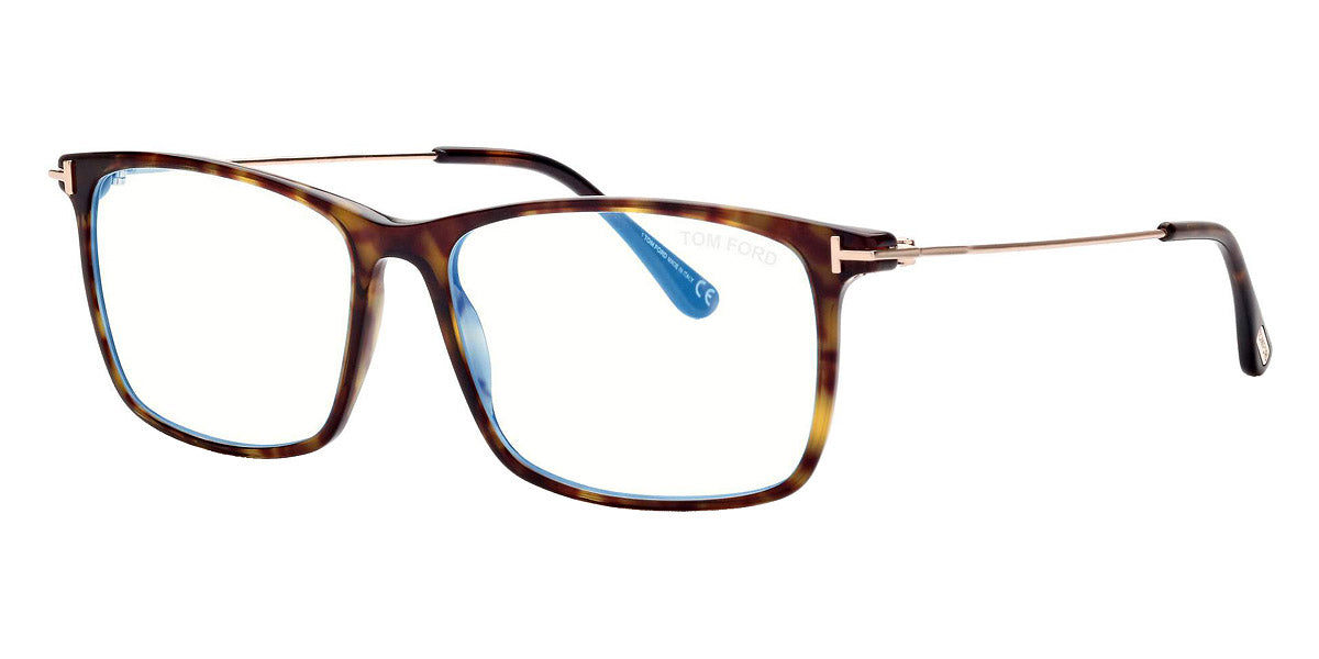 Tom Ford® FT5758-B FT5758-B 052 56 - 052 - Shiny Classic Dark Havana, Rose Gold, t" Logo / Blue Block Lenses" Eyeglasses