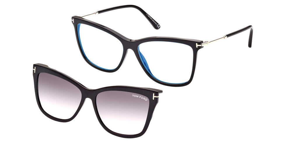 Tom Ford® FT5824-B FT5824-B 001 56 - 001 - Shiny Black / Blue Block Lenses With Sun Clip Eyeglasses