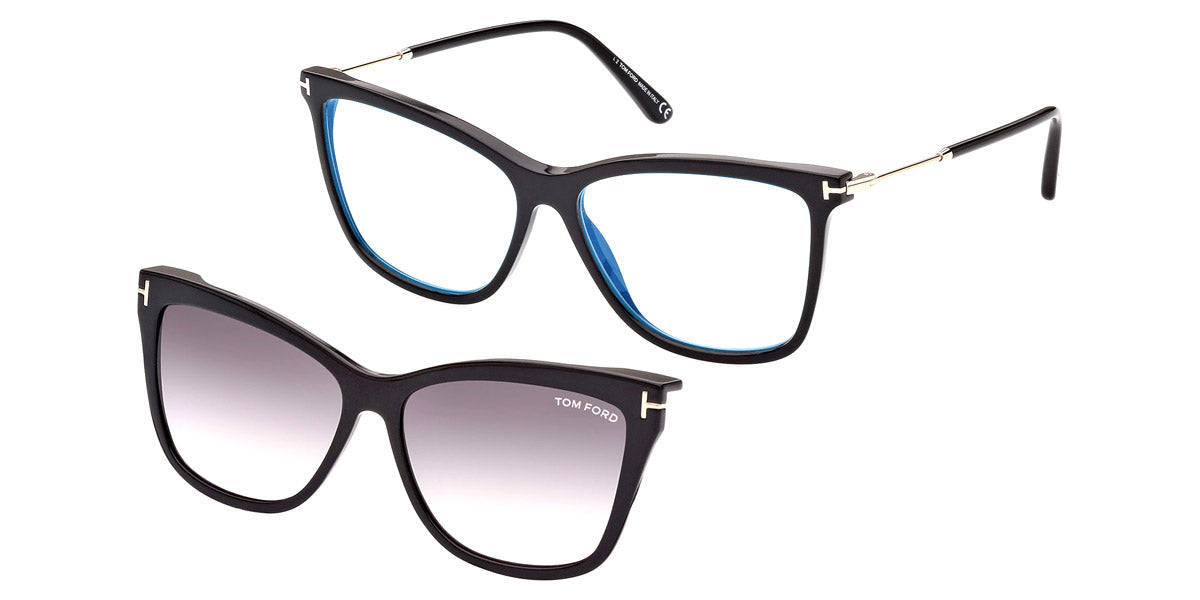 Tom Ford® FT5824-B FT5824-B 001 56 - 001 - Shiny Black / Blue Block Lenses With Sun Clip Eyeglasses