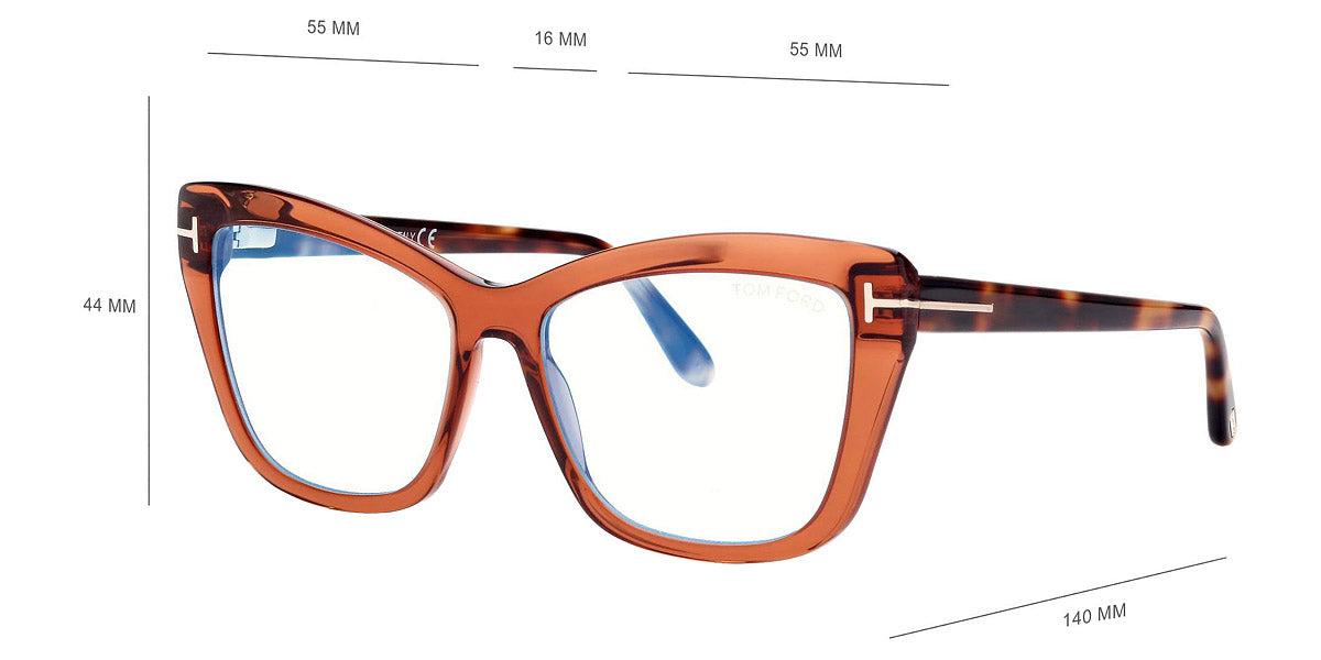 Tom Ford® FT5826-B FT5826-B 048 55 - 048 - Shiny Transparent Brown, Blonde Havana, t" Logo / Blue Block Lenses" Eyeglasses