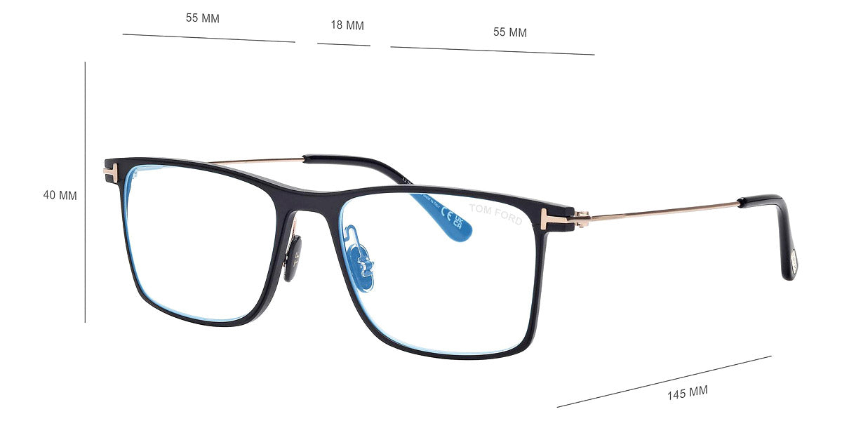 Tom Ford® FT5865-B FT5865-B 002 55 - 002 - Matte Black, Shiny Rose Gold, t" Logo / Blue Block Lenses" Eyeglasses