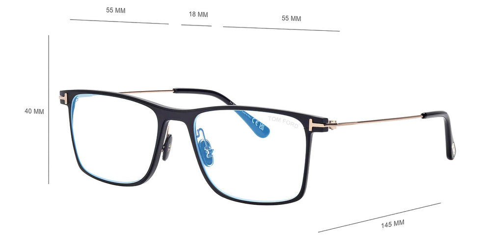 Tom Ford® FT5865-B FT5865-B 002 55 - 002 - Matte Black, Shiny Rose Gold, t" Logo / Blue Block Lenses" Eyeglasses