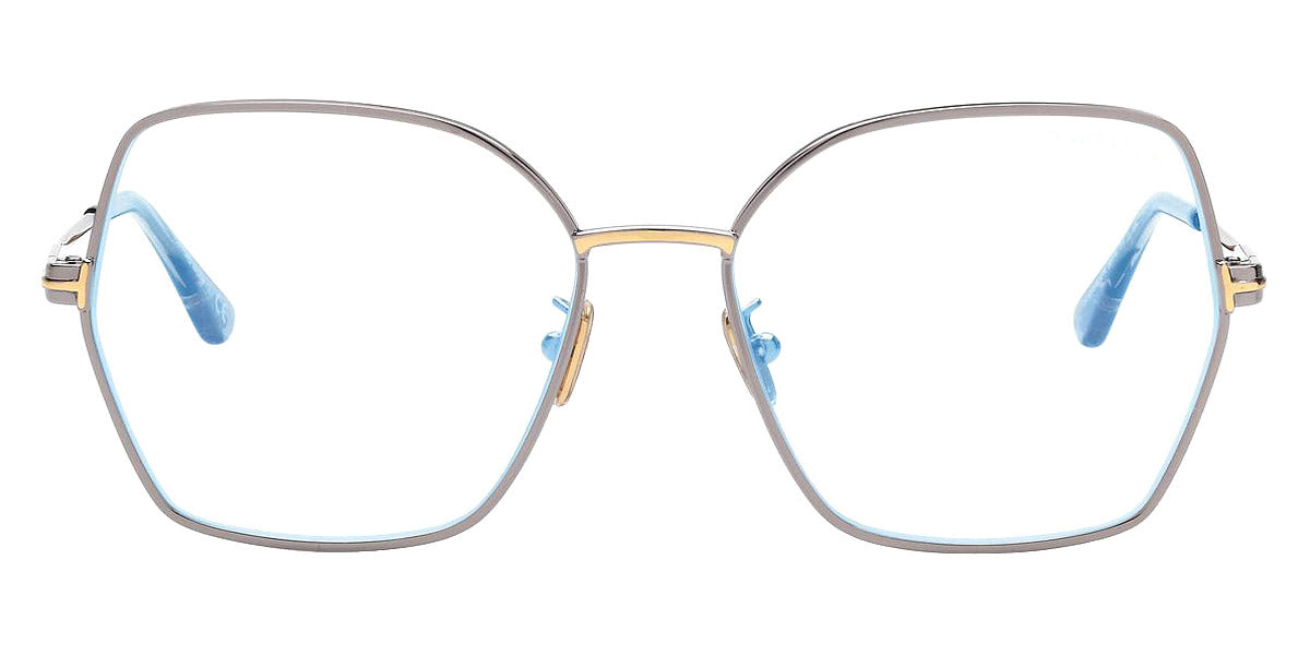 Tom Ford® FT5876-B FT5876-B 014 56 - 014 - Shiny Light Ruthenium, Transparent Amber, t" Logo/ Blue Block Lenses" Eyeglasses