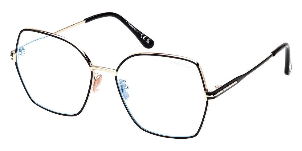 Tom Ford® FT5876-B FT5876-B 032 56 - 032 - Shiny Pale Gold And Black Enamel, Black, t" Logo / Blue Block Lenses" Eyeglasses