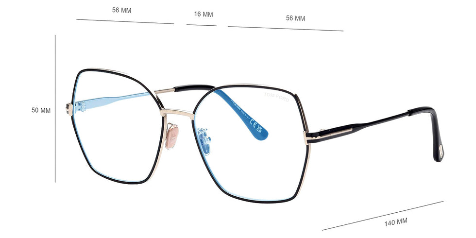 Tom Ford® FT5876-B FT5876-B 032 56 - 032 - Shiny Pale Gold And Black Enamel, Black, t" Logo / Blue Block Lenses" Eyeglasses