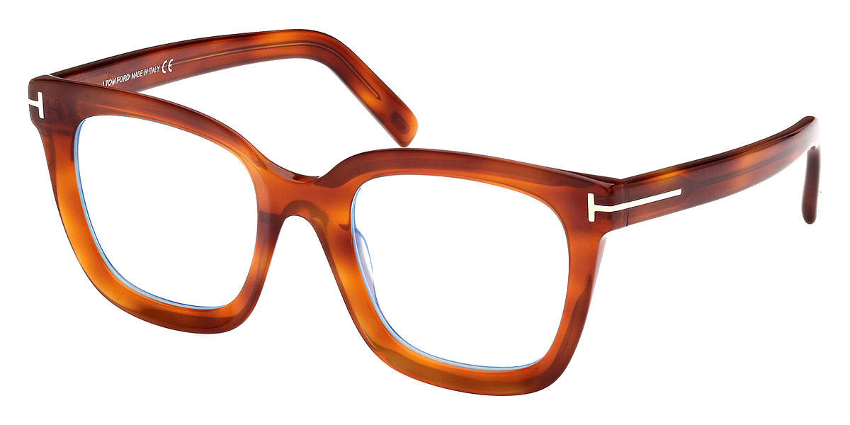 Tom Ford® FT5880-B FT5880-B 053 51 - 053 - Shiny Transparent Amber, t" Logo / Blue Block Lenses" Eyeglasses